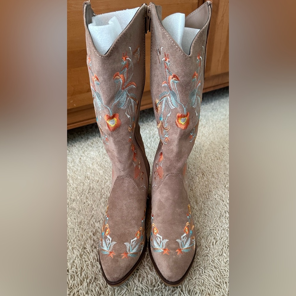 Taupe Faux Suede Desert Bloom Embroidered Boots - Picture 3 of 6